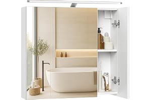 VASAGLE Kailyn Collection - Väggmonterat badrumsskåp med 3 dörrar med spegel och belysning, justerbara hyllor, modern stil, 1