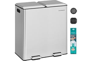 SONGMICS Mülleimer Küche, 2 x 30 L, 2 Fächer, Mülltrennsystem, Softclose, herausnehmbare Inneneimer, Pedalen, Edelstahl, metallicsilber LTB743E01