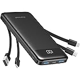 Charmast Power Bank 10000mAh con Cavi Integrati,Caricatore Portatile USB C 5V/3A Powerbank LED Display con 6 Uscite e 3 ingre