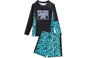 JiAmy Traje De Baño Infantil Verano, Camisa De Manga Larga Estampado Degradé Consola De Juegos, Shorts, Protección UV, Talla 8-14 Años