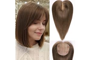 HAIRCUBE Tapa de Cabello 5"*5.5" Base para Mujeres, 14 Pulgadas castaño medio, Tapa de Cabello 100% Cabello Humano Real con Flequillo para Mujeres con Cabello Ralo