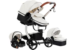 PROKOKE 3 en 1 Poussette Combinée Poussette Canne Poussette Citadine Landau Poussette Nouveau-né Portable Voyage Chariot Bébé Buggy Pliable Luxe Haut Paysage Bébé Landau (518 White)