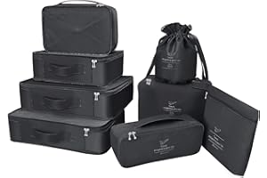 BETLLEMORY Zestaw organizerów podróżnych na ubrania, 8 toreb/7 kolorów, organizery do walizki, wodoszczelny worek na buty, wygodny podróżny worek kompresyjny, czarny, S M L,