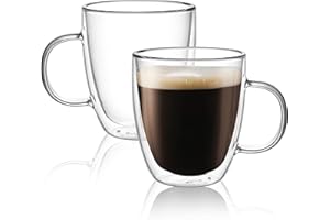 CNGLASS Large Double Wall Coffee Mug 500ml/17oz,Insulated Glass Coffee Cups with Handle,Set of 2