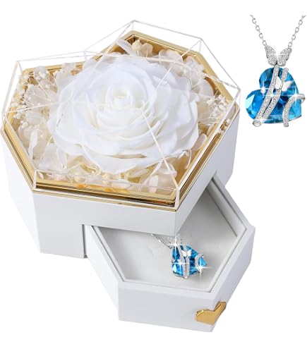 Rose Éternelle Avec Ours Et Collier - Cadeau Femme Maman Épouse - Fleurs Conservées Pour Anniversaire Saint-Valentin