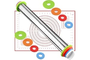 KYOWOLL Mattarello in Acciaio ​Inossidabile con 4 Dischi Regolabile e Tappetino per Cottura al Forno ​in Silicone Set per Cuocere Fondente, Pasticceria, Pane, Torte, Biscotti, Pasta (Con Tappetino Rosso)