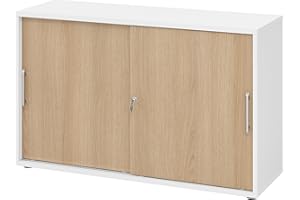 ‎BÜMÖ bümö Schiebetürenschrank 2OH - Aktenschrank abschließbar, Sideboard Schrank mit Schiebetüren in Weiß/Eiche, Relinggriff - Büroschrank aus Holz mit Schiebetür, Büro Kommode für Ordner & Co.