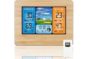 VORRINC Stazione Meteo Meterologica Digitale con Sensore Esterno Wireless Automatica,Temperature Interna ed Esterna, Barometro, Previsioni Meteo (Bambù Giallo)