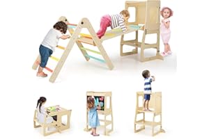 COSTWAY 7 en 1 Triángulo de Escalada de Madera para Niños con Rampa Reversible, Torre de Aprendizaje Plegable Montessori, Mesa y Silla Infantil, Pizarra Divertida, para Niños de 3-14 Años (Multicolor)