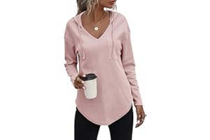 VEUNCOS Pullover Damen Hoodie Langarm V Ausschnitt Kapuzenpullover Lockere Sweatshirt Oberteil mit Kordelzug