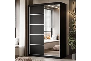 ‎LUKMEBEL lukmebel Kleiderschrank Camaro II Plus - Kleiderstange Schrank - Schwebetürenschrank mit Spiegel 150x59x215 cm Schrank Schwarz - Schlafzimmer Möbel - Aluminiumgriffe - Mehrzweckschrank