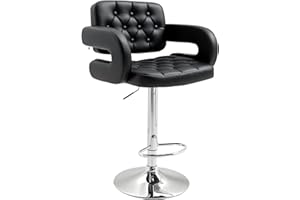 HOMCOM Swivel Bar Stool with Extra Large Seat, PU Leather Upholstered Adjustable Barstool with Back, Arm and Footrest, Breakfast Bar Chair for Bistro, Kitchen, Black