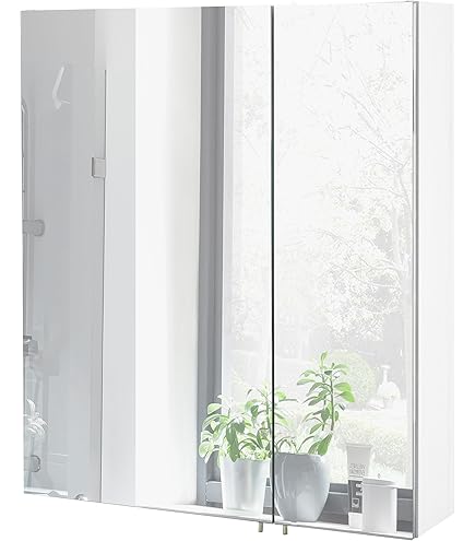 Planetmöbel Merkur Spiegelkast voor badkamer, 60 cm breed, hangende badkamerkast met spiegel, wit-grijs, zonder verlichting, spiegelkast voor gastentoilet, 60 x 67 x 16 cm