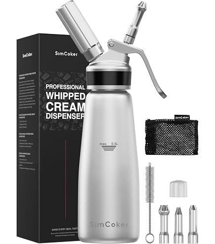 SimCoker Sahnespender 500 ml aus Edelstahl, 3 Tüllen, Silber