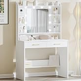 Hzuaneri Makeup Vanity with Mirror and LED Light, 40 x 80 x 149 cm, White | Modern Style, Open Shelves and 2 Drawers, For Bed