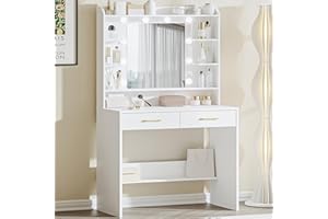Hzuaneri Tocador de Maquillaje, con Espejo y luz LED, Estilo Moderno, Estación de Maquillaje con Estantes Abiertos y 2 Cajones, para Dormitorio, Salón, 40 x 80 x 149cm, Blanco DT08203X