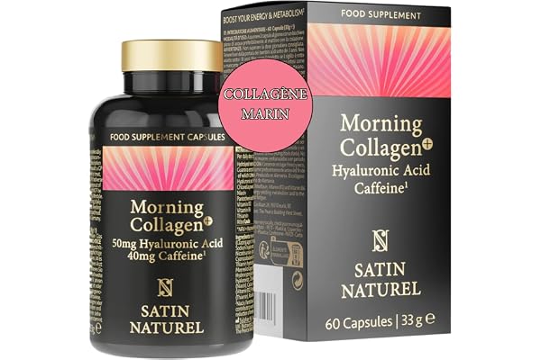 Satin Naturel Collagène Marin Hydrolysé avec Acide Hyaluronique, Caféine, Guarana, Chlorelle & Vitamines B12 B6 – Complément Alimentaire Beauté & Énergie – Fabriqué en Allemagne