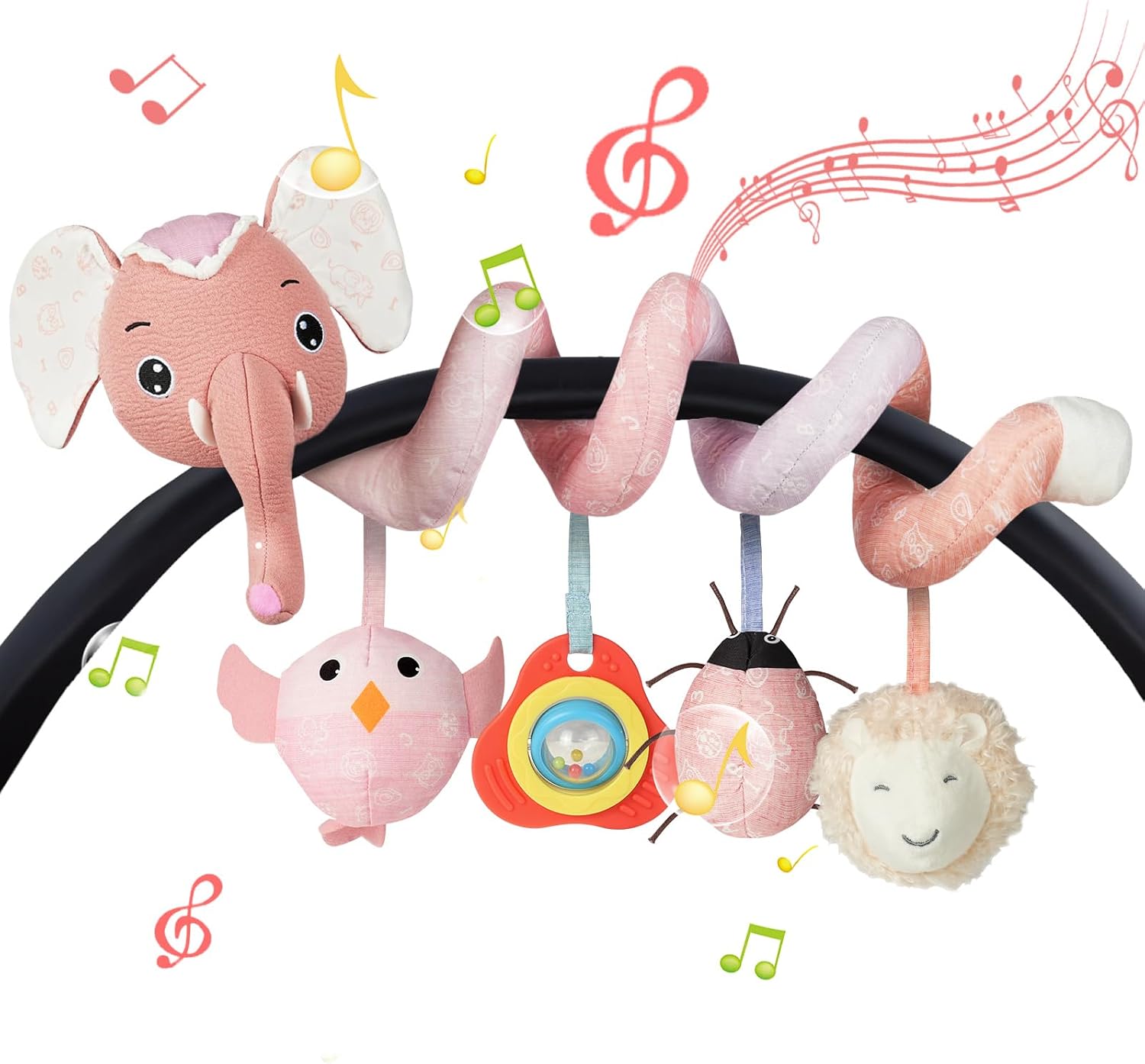 Vicloon Colgantes para Cochecitos Juguetes para Bebé de 0 a 24 Meses, Juguetes de Peluche en Espiral para Bebé con Mordedor y Sonajero, para Cochecitos/Cunas/Asientos de Automóviles (Elefante Rosa)