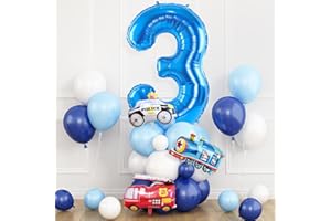 DAGELAR Blue Number 3 Balloon for 3rd Birthday Decoration, Transportation Party Decorations for Boys, Blue White Balloons with Car Foil Helium Balloon, for Boys 3rd Birthday Vehicles Theme Party Supplies