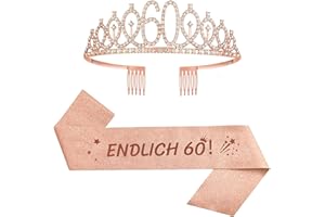 JENICH 2er Set 60. Geburtstag Schärpe und Tiara Rosa Geburtstag Schärpe Geburtstag Krone 60 Geburtstagskrone Prinzessin Kristall Krone Schärpe für Frauen 60. Geburtstag Geschenke Partyzubehör