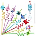 Pailles Réutilisables Pour Enfants - 8 Pailles Spirales Colorées + 2 Goupillons - Motifs Dessins Animés - Pour Fêtes, Anniversaires