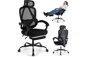 COSTWAY Ergonomiczne krzesło biurowe z chowanym podnóżkiem, krzesło do biurka z regulowanym oparciem, zagłówkiem i podparciem lędźwiowym, krzesło komputerowe z funkcją przechylania, krzesło obrotowe