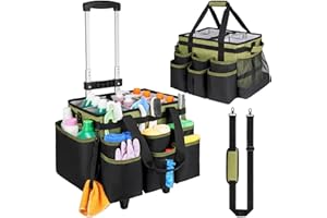 ZIOZERTT Large Rolling Cleaning Caddy Bag with Detachable Trolley,Cleaning Cart on Wheels with Shoulder Strap,Cleaning Supplies Organizer for Housekeepers,Green