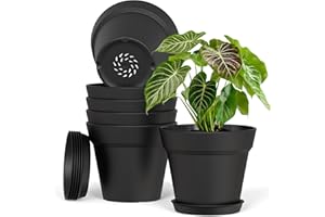 HOMEUOUZ Plastic Plant Pots Indoor Outdoor, 6 Pack 7Inch/17.7CM Plant Pots Flower Pot with Drainage Holes and Tray,Modern Decorative Planter Pot for All House Plants(Black)