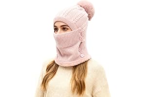 TAGVO Set Di Cappelli e Scaldacollo In Maglia Calda Invernale,Cappello Lavorato a Maglia Flessibile Con Palla Di Pelo,Fodera In Morbido Pile Spesso,Maschera Per Il Viso Regolabile Per Sport