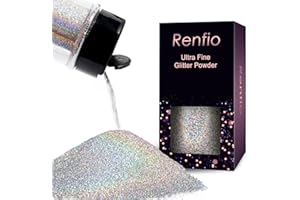 Renfio Poudre de paillettes holographiques ultra fines argentées métallisées - 80 ml - Pour verres en résine, slime, peinture, art, décoration d'ongles - Argenté laser