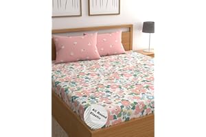 LOOMLYFE 300 TC Cotton Feel Glace Cotton Elastic Fitted Printed King Size Double Bed Bedsheet with 2 Pillow Covers Fits Upto