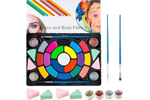 FLYISH DIRECT Zestaw farb do makijażu twarzy i ciała dla dzieci i dorosłych, 19 kolorów do makijażu (8 połyskujących kolorów), 4 brokatowe proszki i 2 pędzle i 4 gąbki