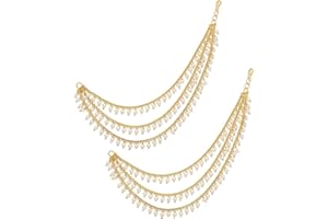 MEENAZ Brass copper Gold kanchain 3 layer long bridal wedding ear kan chain Champaswaralu earchains Ear Chains for Hair Jhumka Jhumki kanoti moti pearl Traditional Earrings for women girls