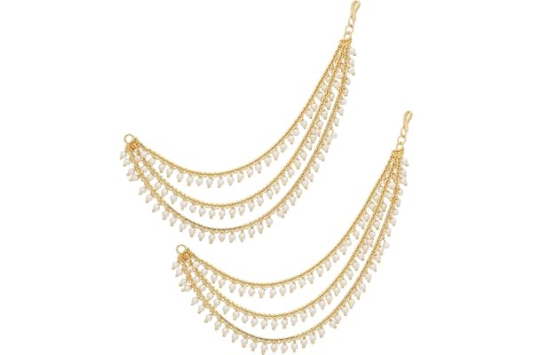 MEENAZ Brass copper Gold kanchain 3 layer long bridal wedding ear kan chain Champaswaralu earchains Ear Chains for Hair Jhumk