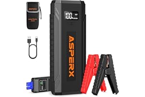 ASPERX starthjälp powerbank 4000A, bärbar bil starthjälp för 12 V-fordon (upp till alla bensin- eller 10 l diesel) med LED-ficklampa, startkabel och 1,4 tums LCD-skärm
