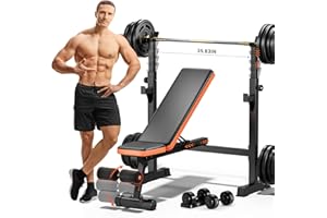 Fostoy Weight Bench, 770lbs Bench Press With Squat Rack, Adjustable Weights Bench for Home Gym, Olympic Workout Bench for Full Body Fitness, Flat Incline Bench With Foot Catch