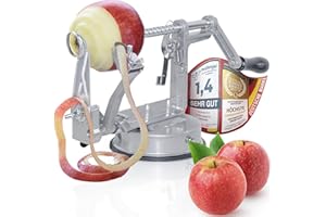GOODS+GADGETS Pelador de manzanas "Deluxe" de acero inoxidable Función 3 en 1 pelador económico cortador de manzanas descorazonador de manzanas