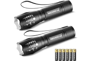 RECHOO LED Torch 2000 Lumens, Torches Led Super Bright Flashlight, Powerful Torches Battery Powered Water Resistant Zoomable 5 Modes Mini Tactical Torch, Camping, 2 Pack, 6 x AAA Batteries Included