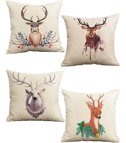 Copricuscino Soggiorno NYDECOR Set Di 4 Federe Per Cuscino Con Cervo E Alce, Rettangolari, In Cotone E Lino, Decorative, Per Divano, Letto, Divano, 30,5 X 51 Cm Federa Decorativa Cervo Nel Bosco