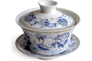 YXHUPOT Gaiwan niebieska biała porcelanowa filiżanka do herbaty Sancai zestaw nakryć spodek do herbaty lśniąca piwonia (200 ml)