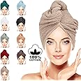 LUXURY Hair Towel Wrap 100% Cotton, Instant Drying Lightweight Turban Cap Super Quick Absorbent Anti-Frizz Twist Toweling Dry Hat with Button Loop for Long Curly Hairs, 62CM x 23CM Beige Single