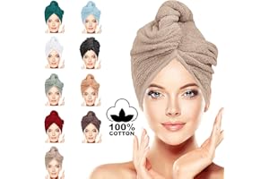 BAVIN LUXURY Hair Towel Wrap 100% Cotton, Instant Drying Lightweight Turban Cap Super Quick Absorbent Anti-Frizz Twist Toweling Dry Hat with Button Loop for Long Curly Hairs, 62CM x 23CM Beige Single