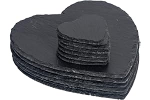 Argon Tableware Set of Heart Shaped Natural Slate Placemats and Coasters - 6 Coasters & 6 Placemats - Rustic Natural Dining Table Drinks Mats