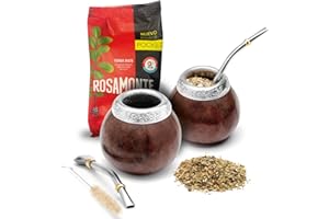 ‎BALIBETOV BALIBETOV Set mit 2 Yerba Mate Gourd und 1 Packung mit 100g Yerba Mate – Yerba Mate Cup Argentinien – 2 Mate Tassen, 2 Bombilla, 1 Reinigungsbürste, 1 lose Yerba Mate Tasche (DUNKLE BRAUNEE)