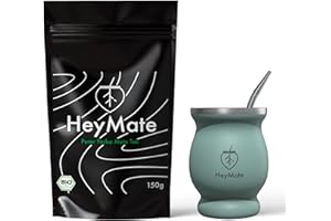 HEYMATE Bio Mate Tee Set | Komplettes Set aus Bio Mate Tee, Mate Becher und Trinkhalm Edelstahl | Traditionelle Kalebasse und Bombilla und Tee luftgetrocknet ● lose Blätter ● BIO (150g, Oliv)