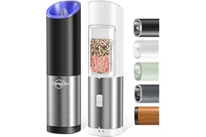 Sangcon Macina Sale Pepe Elettrico, Interruttore a Gravità, Ceramica, Macina da Fino a Grossolano, A Batteria, Luce Led, Operazione Automatica con Una Sola Mano, 2 Pacchi, Nero + Bianco