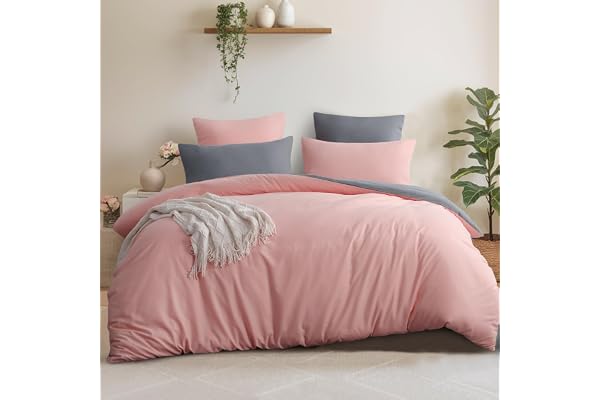 Aisbo Sängkläder 200 x 220 cm i 3 delar, rosa/grå,set med 1 påslakan 200 x 220 cm, 2 örngott 80 x 80 cm, Öko-Tex vändbara sän