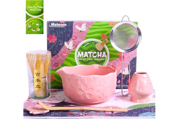 Matesen Matcha Kit Rose, Kit Matcha Complet, 7 Pièces Matcha Set, Ustensiles Pour Cérémonie du thé Japonais, Support de Fouet à Matcha, Coffret Matcha Cadeau de noël Pour la Famille, les amis
