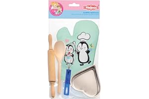 Heless 232 - Set de pâtisserie pour Enfants, 5 Accessoires de pâtisserie avec Gant de Four, Moule à gâteau en Forme de cœur, Rouleau à pâtisserie et cuillère de Cuisine en Bois et Fouet