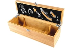 CAILION Weinzubehör-Geschenk-Set mit Vintage-Holzkiste, Antike Hölzerne Weinflaschenkiste, 5-teiliges Wein-Zubehör-Set,Wein-Geschenksets für Männer und Frauen,Sommelier-Set (bamboo)